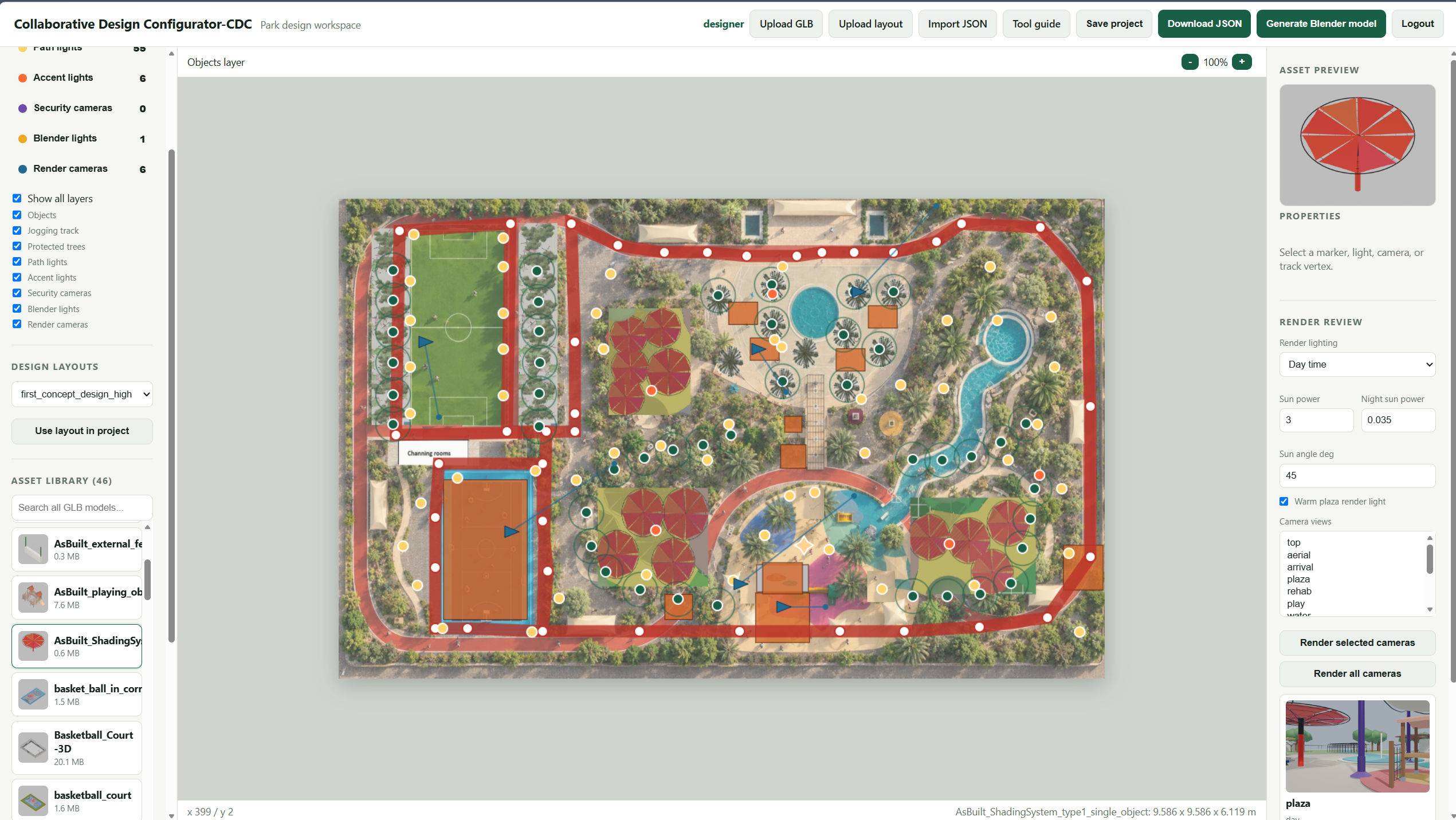 Collaborative Design Configurator interface showing design layers, the Al Safa 2 plan canvas, properties, and render controls